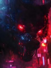 Terrifying Techno Organic Werewolf Lurking in Neon Drenched Urban Shadows on All Hallow s Eve