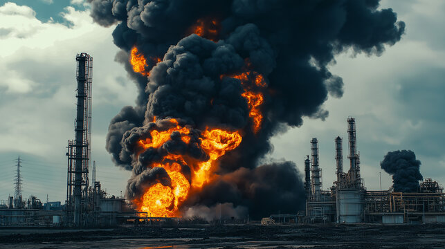 Big flame of fires and black smoke, explosion in an industrial oil refinery factory building. Significantly Petroleum gas pollution, petrochemical hazardous accident, emergency disaster