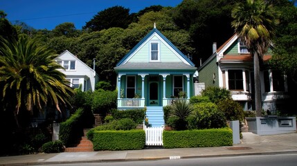 Naklejka premium This quaint house features lush green hedges and palm trees in the front yard, showcasing classic New Zealand architecture with a nostalgic vintage vibe
