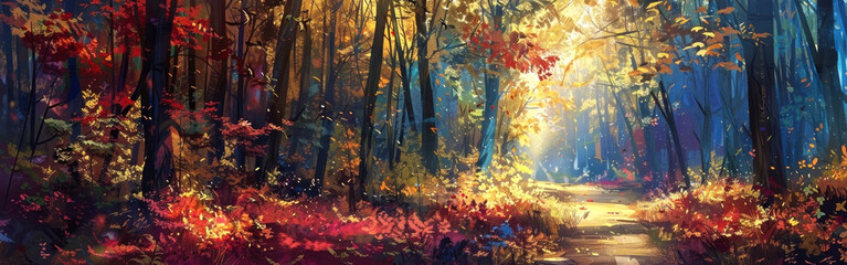 Obraz premium Step into the enchanting autumn forest, where vibrant leaves and golden light