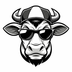 Vector Art Cow Head with Cap and Sunglasses in Black & White