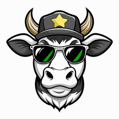 Vector Art Cow Head with Cap and Sunglasses in Black & White