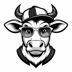 Vector Art Cow Head with Cap and Sunglasses in Black & White