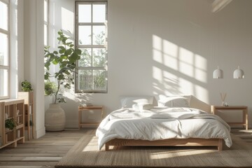 Bright and airy bedroom featuring natural light, wooden furniture, and elegant decor for a serene atmosphere.