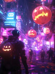 Fototapeta premium Neon Drenched Halloween Festival with Holographic Pumpkins and Costumed Revelers
