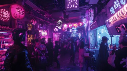 Fototapeta premium Captivating Neon Drenched Halloween Event with Futuristic Costumes and Party Decor