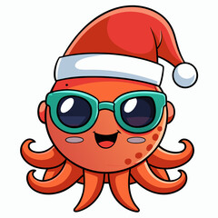 Vector Art Funny Cartoon Christmas Baby Octopus in Santa Hat and Sunglasses, Clipart on White Background