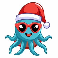 Vector Art Funny Cartoon Christmas Baby Octopus in Santa Hat and Sunglasses, Clipart on White Background