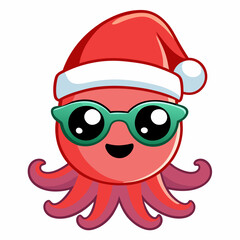Vector Art Funny Cartoon Christmas Baby Octopus in Santa Hat and Sunglasses, Clipart on White Background