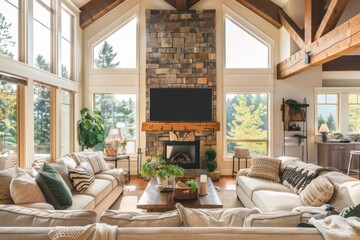Fototapeta premium Cozy living room featuring large windows, a stone fireplace, and comfortable sofas, creating a warm and inviting atmosphere.
