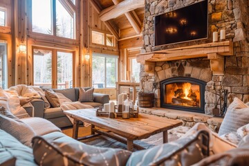 Cozy living room with a stone fireplace, wooden beams, and warm lighting, perfect for relaxation and gatherings.