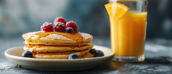 Delicious stack of pancakes topped with berries and syrup, served with a refreshing glass of orange juice.