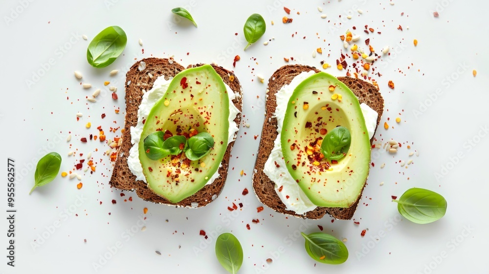 Sticker Delicious avocado toast on whole grain bread. Fresh, healthy ingredients create a vibrant dish. Perfect for breakfast or a light snack. Enjoy this nutritious meal. AI