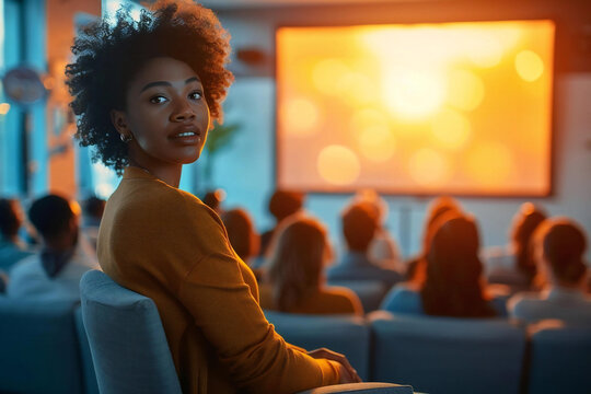 African businesswoman giving a virtual presentation at an online live conference event with a virtual audience