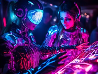 Obraz premium Futuristic Halloween in a Nightclub with Holographic DJ and Bioluminescent Decor