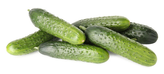 Pile of fresh cucumbers isolated on white, above view