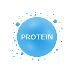 Protein molecule illustration with blue bubbles and text, scientific concept
