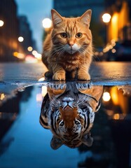 the little  kitten reflection is a ferocious tiger . beware of appearances!