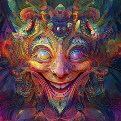 Mischievous Trickster Deity with Kaleidoscopic and Fluid Form in Vibrant Surreal Style