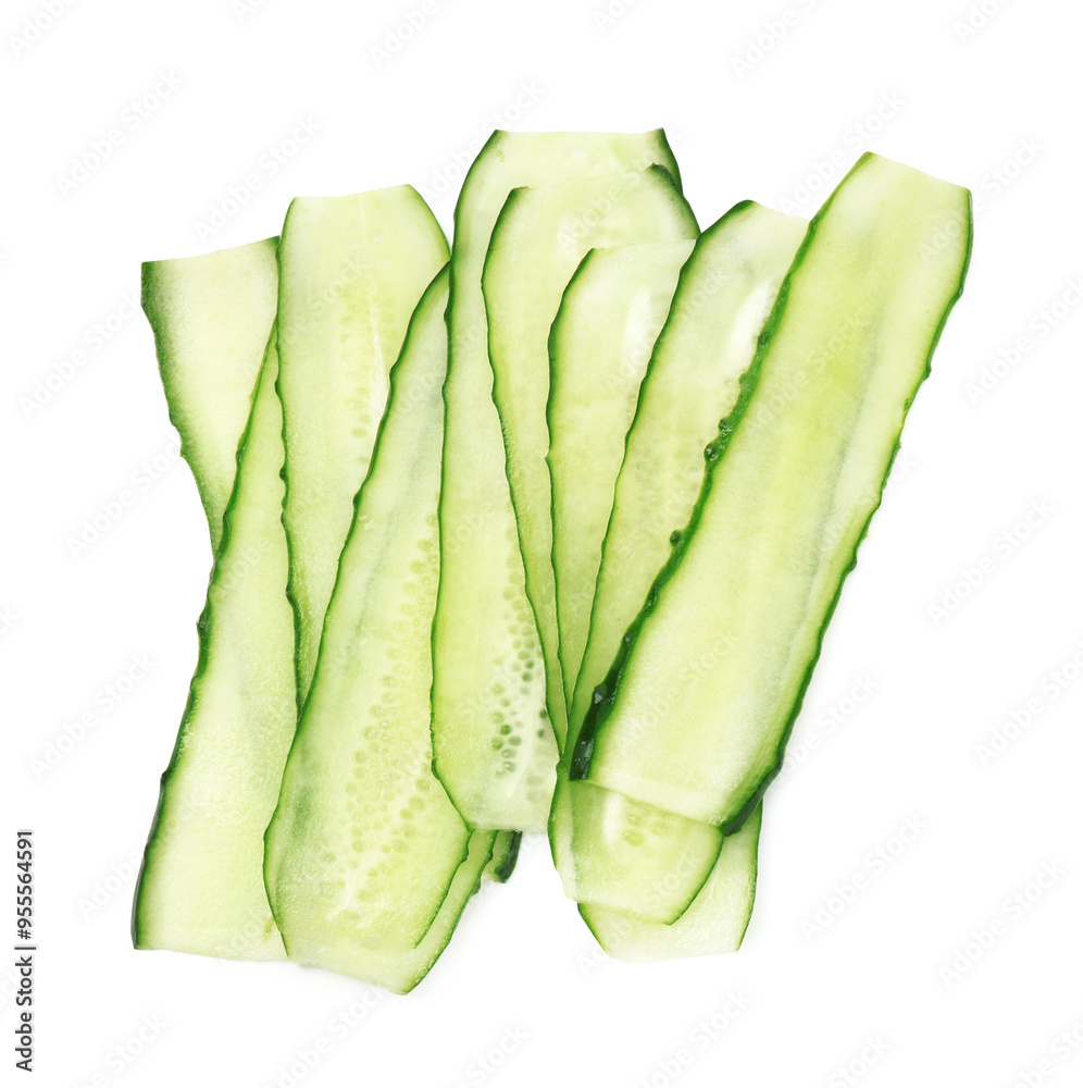 Poster Pile of fresh cucumber slices isolated on white, top view