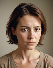 Fototapeta premium Worried Businesswoman Facing Economic Uncertainty Close-Up Portrait of a Sad Woman in Her 30s - High Detail, Studio Lighting, Emphasizing Financial Stress and Concern