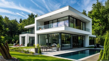 Modern luxury house with large windows, pool, and landscaped garden under a blue sky, showcasing contemporary architecture.