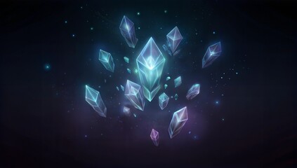 Fototapeta premium Floating crystalline shards with glowing light in dark space