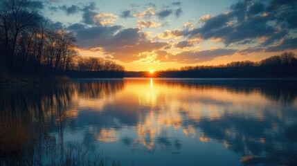 Fototapeta premium A tranquil evening by a Minnesota lake, with the water reflecting the soft light of the setting sun and the silhouettes of trees.