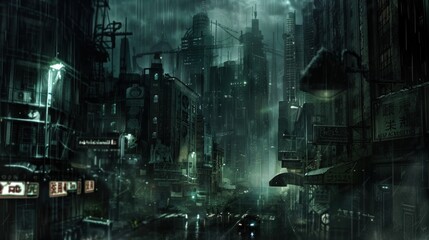 Obraz premium Dark Dystopian Cityscape with Futuristic Architecture and Atmosphere
