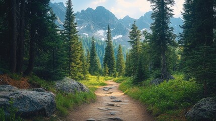 Obraz premium A tranquil forest trail leading up a mountain, surrounded by tall pine trees and rocky outcrops.