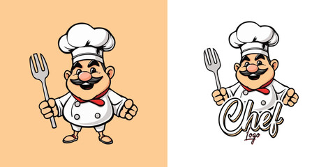  chef mascot logo design. Chef Design vector Logo illustration, Restaurant logo. Cartoon smiling chef character