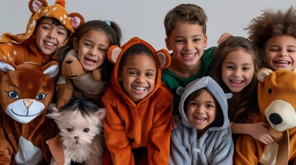 Fototapeta premium Children in bear costumes at a halloween party, laughing and posing happily for a photo. A heartwarming snapshot of diverse friends having fun together