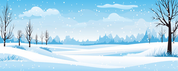 Landscape of a winter snowy day. Beautiful vector illustration of winter natural landscape for design. Christmas in nature.