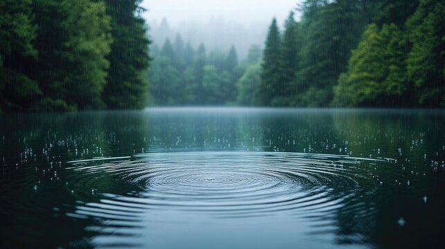 A tranquil lake surrounded by trees with raindrops creating ripples on the water's surface, offering a peaceful and natural rain scene with space for copy.