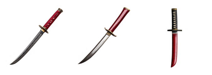 Collection of traditional Japanese knives with ornate red handles isolated on a transparent background, ideal for cultural heritage projects