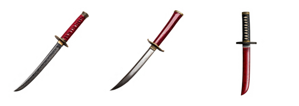 Collection of traditional Japanese knives with ornate red handles isolated on a transparent background, ideal for cultural heritage projects