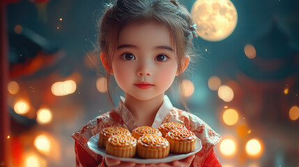a little asian girl holding plate of mooncakes with chinese temple and moon in background, china, beijing, mid autumn festival, september 17, reunification day, child, portrait, food, treat, meal