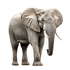 African elephant with large tusks and textured gray skin lifting its trunk isolated on a transparent background 