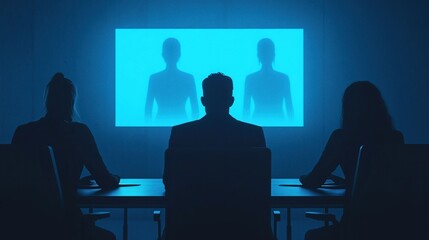 A team brainstorming in a hybrid meeting, with some participants as holograms, modern office, cool blue tones, high tech, realistic.