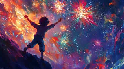 Obraz premium Mischievous Trickster Sets Off Dazzling Magical Fireworks in Whimsical Fantasy Landscape