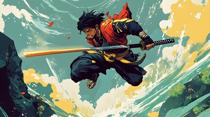Warrior Leaping with Katana in Dynamic Manga Inspired Style with Bold Colors