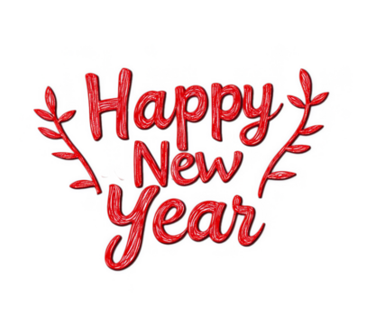 Handwritten cursive text Happy New Year in elegant red with a decorative flourish isolated on a transparent background 