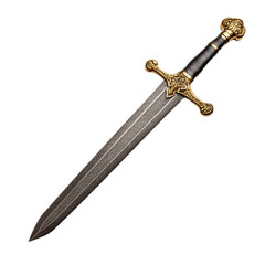 Medieval broadsword with a double edged blade and an ornate gold crossguard isolated on a transparent background 