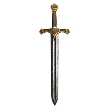 Medieval broadsword with a double edged blade and an ornate gold crossguard isolated on a transparent background 