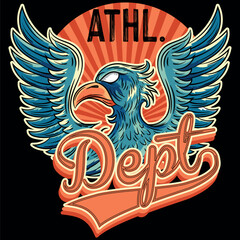 Illustration of an eagle in a military and tattoo style with blue colors and military college design texts and numbers on a patch and zig zag patterns, timeless fashion design.