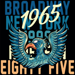 Illustration of an eagle in a military and tattoo style with blue colors and military college design texts and numbers on a patch and zig zag patterns, timeless fashion design.