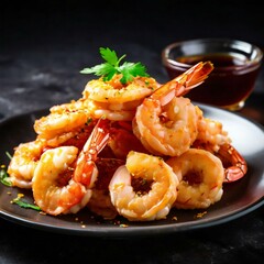 Dish of fresh boiled shrimps on a table