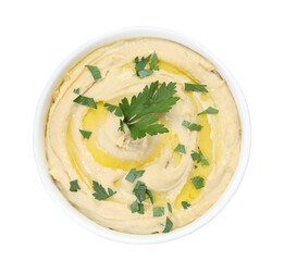 Delicious hummus with olive oil and parsley isolated on white, top view