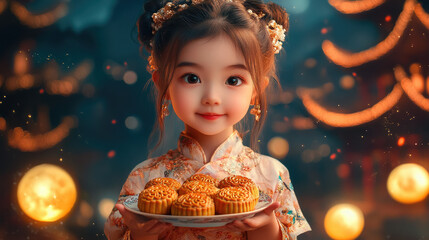 Naklejka premium a little asian girl holding plate of mooncakes with chinese temple and moon in background, china, beijing, mid autumn festival, september 17, reunification day, child, portrait, food, treat, meal