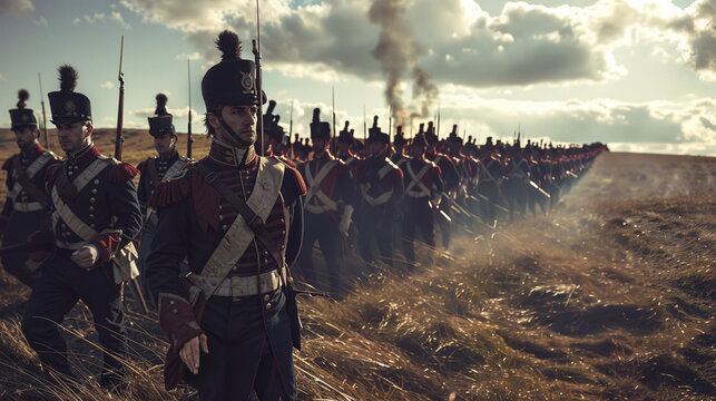 Napoleonic infantry regiment marching across a field. Soldiers in distinctive red uniforms and tall bearskin hats, led by officers with swords drawn - Powered by Adobe